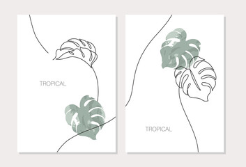 Abstract minimal monstera leaves posters set in one line drawing, watercolor style. © Tanya Syrytsyna