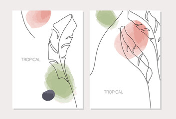 Abstract minimal tropical leaves posters set in one line drawing, watercolor style.