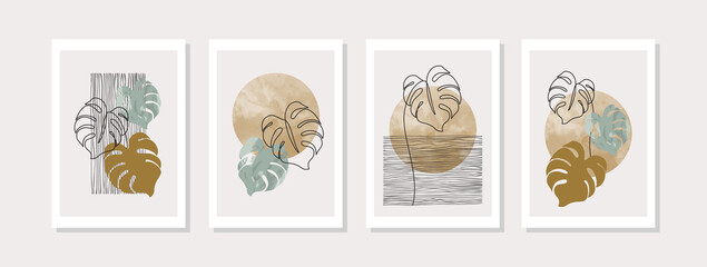 Abstract geometric shapes, monstera plant poster set in mid century style.