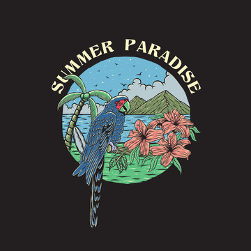 Vintage illustration hand drawn summer paradise