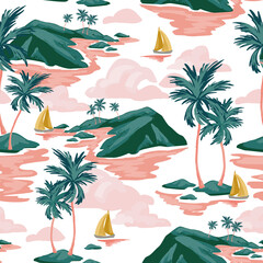 Tropics background with sailing boats, exotic islands, palm trees silhouettes, ocean sea waves texture. - 444685905