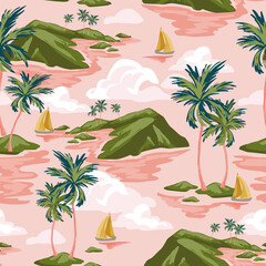 Tropics background with sailing boats, exotic islands, palm trees silhouettes, ocean sea waves texture. © Tanya Syrytsyna