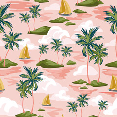 Tropics background with sailing boats, exotic islands, palm trees silhouettes, ocean sea waves texture. © Tanya Syrytsyna