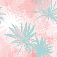 Grunge palm leaves and transparent texture background. Jungle vector art.