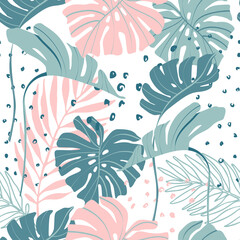 Minimal floral seamless pattern. Abstract monstera and palm leaves on doodle texture background. © Tanya Syrytsyna