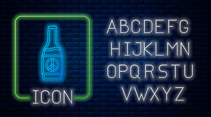 Glowing neon Beer bottle icon isolated on brick wall background. Neon light alphabet. Vector