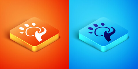 Isometric Animal volunteer icon isolated on orange and blue background. Animal care concept. Vector