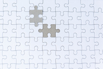 Jigsaw Puzzle Empty White Background, The Last Piece for Problem Solution Solving Teamwork. Metaphor Concept for Business Connection Challenge Success Team. Jigsaw Pattern Incomplete Backgrounds