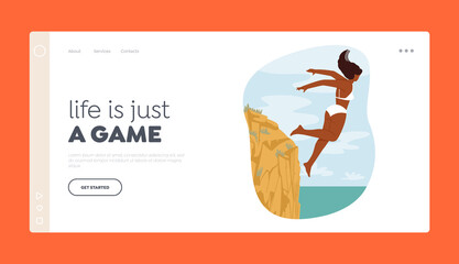 Cliff Jump Extreme Sports Landing Page Template. . Happy Brave Female Character Jumping in Ocean from High Rock Edge