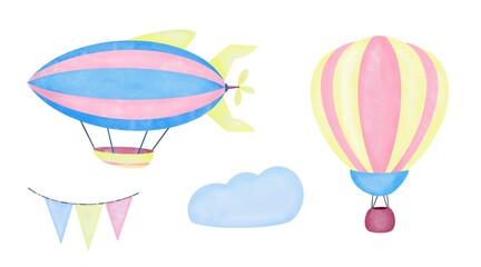 Watercolor set. Air balloon, airship and flags in the clouds on white background. Digital illustration for kids, children. Print quality.