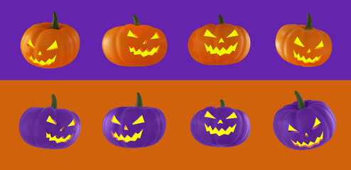 Set of halloween pumpkins orange and purple with lights in their eyes on orange and purple background.