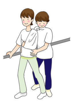 手摺りにつかまってリハビリする人とセラピスト