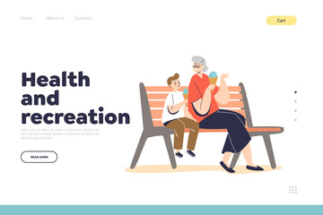Health and recreation concept of landing page with grandmother sit on bench with kid eat ice cream