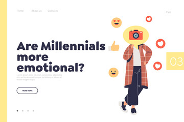 Emotional millennial concept of landing page with girl posting photos on social media profile