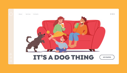 Kids Fun at Home Landing Page Template. Children with Soda Drink Sit on Sofa Drinking Beverages and Playing with Dog