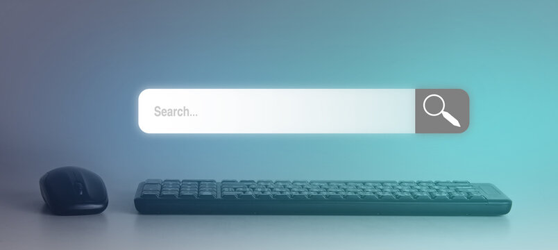 Concept of searching for information in the online world. Online connection. Internet technology. keyboard and mouse with a search icon
