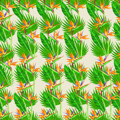 Tropical leaves and flowers seamless pattern. Jungle exotic strelitzia and leaf on light shade of yellow background.