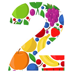 The vector number 2 is made of ripe fruit. An illustration on the topic of numbers and counting.