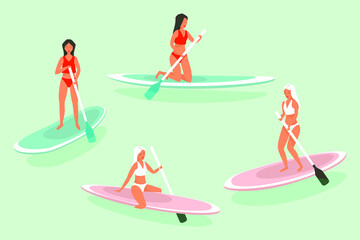 Surfing or surf icons set, vector banner. Cartoon woman characters or surfer girls on surfboards rowing at sea or ocean. Summer recreation, leisure swimming activity, water fun.