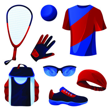 Racquetball Game Equipment, Sport Tools Set. Vector Flat Icons Of Racquet And Rubber Ball, Shirt, Glove, Eyeglasses, Shoe, Backpack And Headband. Active Racquet Sport, Game Accessories.