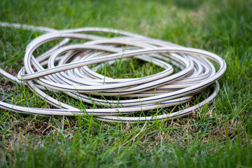 rolled up plastic garden irrigation hose on the grass.
