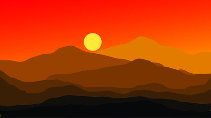 Fototapeta na wymiar Vector landscape with silhouette of the evening sky sunset in the mountains