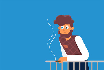 Flat vector cartoon man smoking cigarette