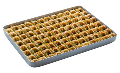 Baklava with pistachio isolated on white background. Tray baklava isolated