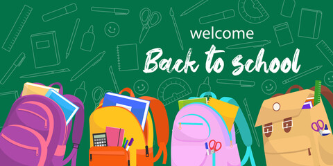 Back to School web banner. Green background with colorful illustrations of backpacks and educational supplies.