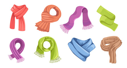 Set of Textile and Knitted Scarves of Different Design and Colors. Colorful Kerchiefs Isolated on White Background