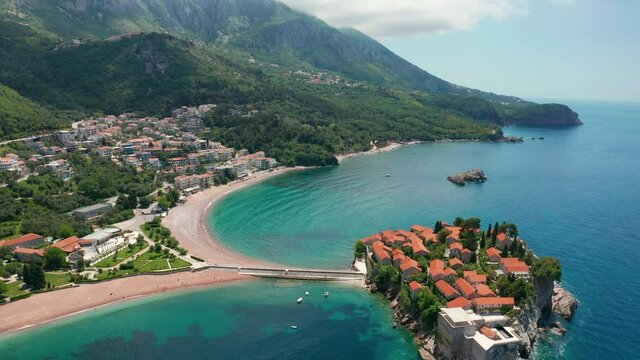 Aerial view of Sveti Stefan island in Budva, Montenegro.