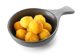 Dish with fried potato balls on white background