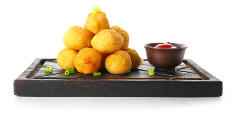 Board with fried potato balls on white background