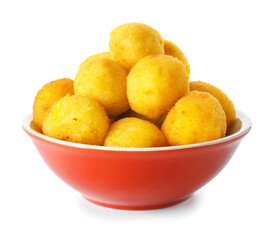 Bowl with fried potato balls on white background