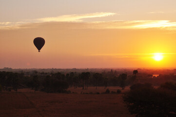 View cityscape of Bagan or Pagan ancient city and landscape UNESCO World Heritage Site with over 2000 pagodas temples and balloon flying bring traveler look aerial view in Mandalay of Myanmar or Burma