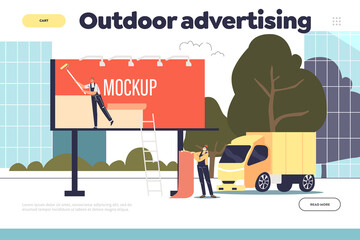 Outdoor advertising concept of landing page with workers install new poster mockup for advertisement