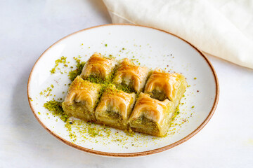 Pistachio baklava. Baklava with pistachio on a white background. Local name cimcik baklava