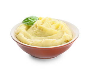 Bowl with tasty mashed potatoes on white background