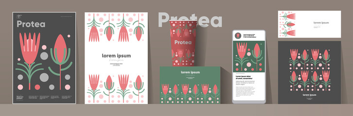 Naklejka premium Flowers and plants. Protea. Corporate identity. Set of vector illustrations. Floral background pattern. Design of cup, poster, banner, packaging, price tag and cover.