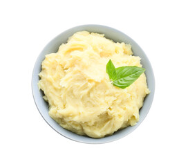 Bowl with tasty mashed potatoes on white background