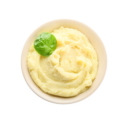 Bowl with tasty mashed potatoes on white background