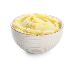 Bowl with tasty mashed potatoes on white background
