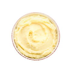 Bowl with tasty mashed potatoes on white background