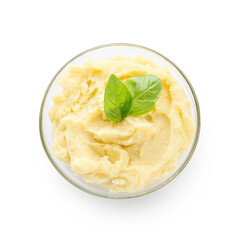 Bowl with tasty mashed potatoes on white background