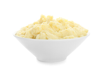 Bowl with tasty mashed potatoes on white background