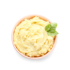 Bowl with tasty mashed potatoes on white background