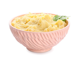 Bowl with tasty mashed potatoes on white background