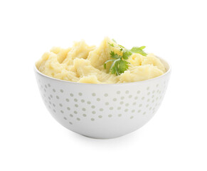 Bowl with tasty mashed potatoes on white background