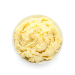 Bowl with tasty mashed potatoes on white background