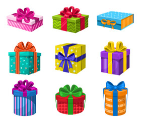 Set of colorful gift boxes with ribbon and bows.Collection for sale shopping concept.Holiday present boxes with ornaments.New year, anniwersary, birthday, christmas 
 vector icon design element